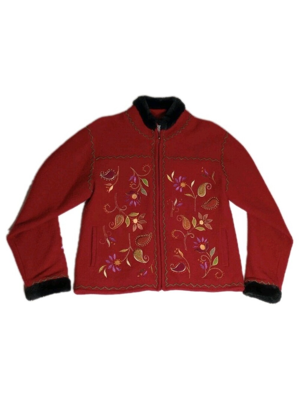 Planet Earth Designs Embroidered Sweater Zip Up Red Floral Wool Fully Lined Boho